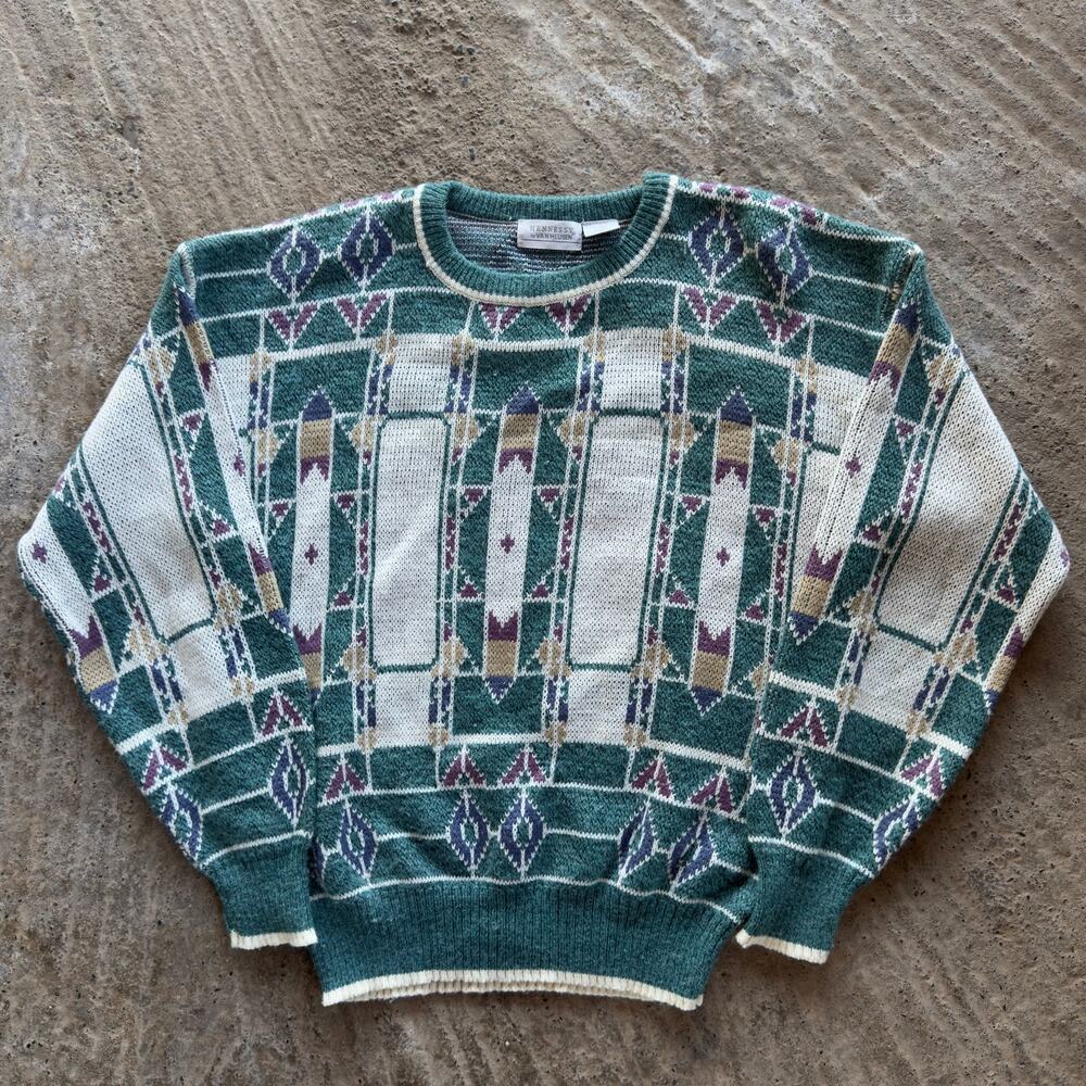 Vtg 90s Hennessy Van Heusen Acrylic Knit Sweater Geometric Argyle Large Green